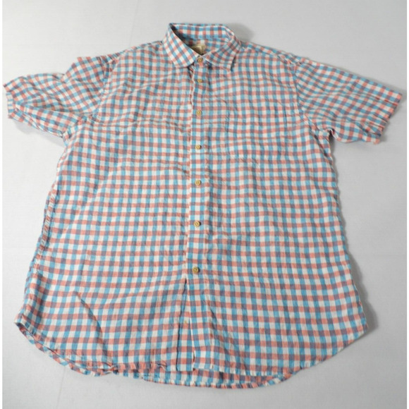 Jos A Bank Linen Shirt Mens Large Check Plaid Blue White Red Short Sleeve Casual - Picture 3 of 9
